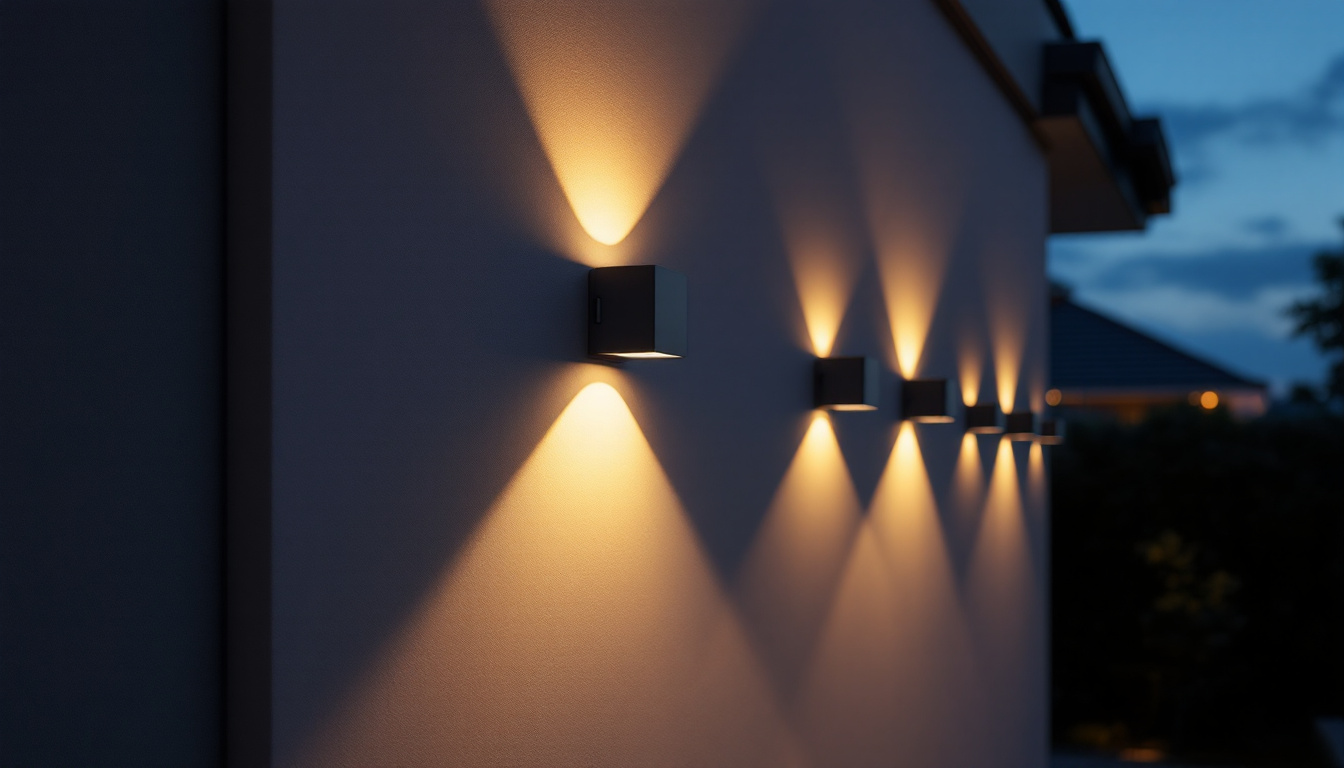 A photograph of a well-lit exterior wall showcasing modern led wall lights in a residential or commercial setting