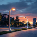 A photograph of a modern urban landscape featuring innovative light poles with unique designs