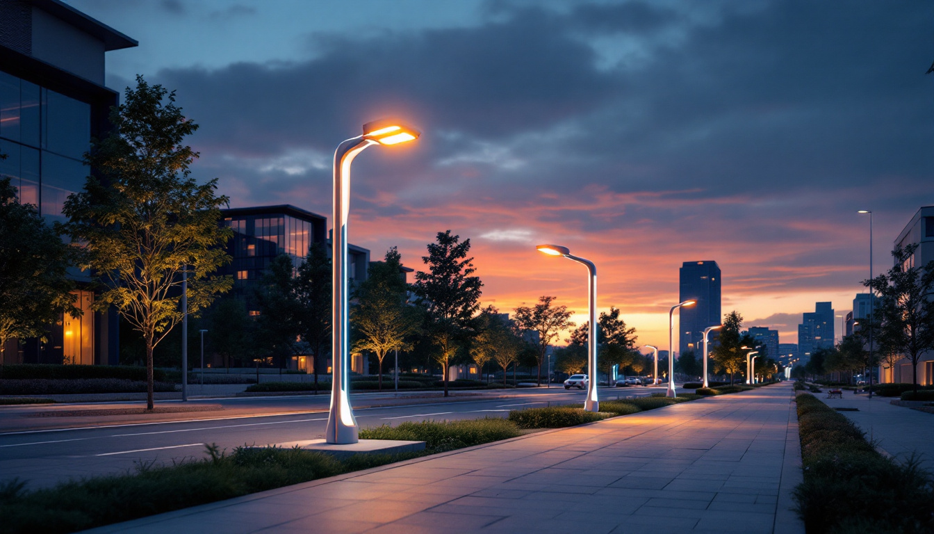 A photograph of a modern urban landscape featuring innovative light poles with unique designs