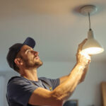 A photograph of a skilled lighting contractor installing a sleek