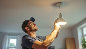 A photograph of a skilled lighting contractor installing a sleek