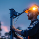 A photograph of a well-lit outdoor scene featuring a lighting pole in action