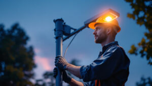 A photograph of a well-lit outdoor scene featuring a lighting pole in action