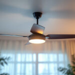 A photograph of a stylish and modern ceiling fan in a beautifully lit room