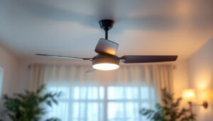 A photograph of a stylish and modern ceiling fan in a beautifully lit room