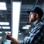 A photograph of a lighting contractor installing sleek