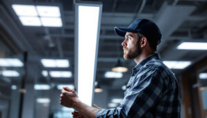 A photograph of a lighting contractor installing sleek