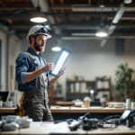 A photograph of a lighting contractor installing or adjusting 4-foot led lights in a well-lit workspace