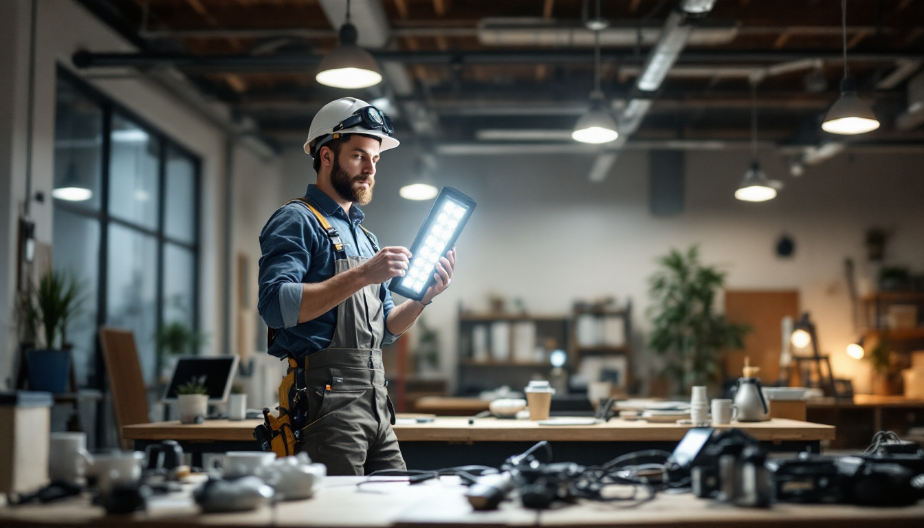 A photograph of a lighting contractor installing or adjusting 4-foot led lights in a well-lit workspace