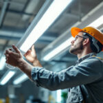 A photograph of a lighting contractor expertly installing t5 led lights in a commercial space