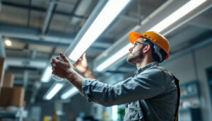A photograph of a lighting contractor expertly installing t5 led lights in a commercial space