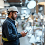 A photograph of a lighting contractor examining a variety of wholesale lighting fixtures in a well-organized showroom