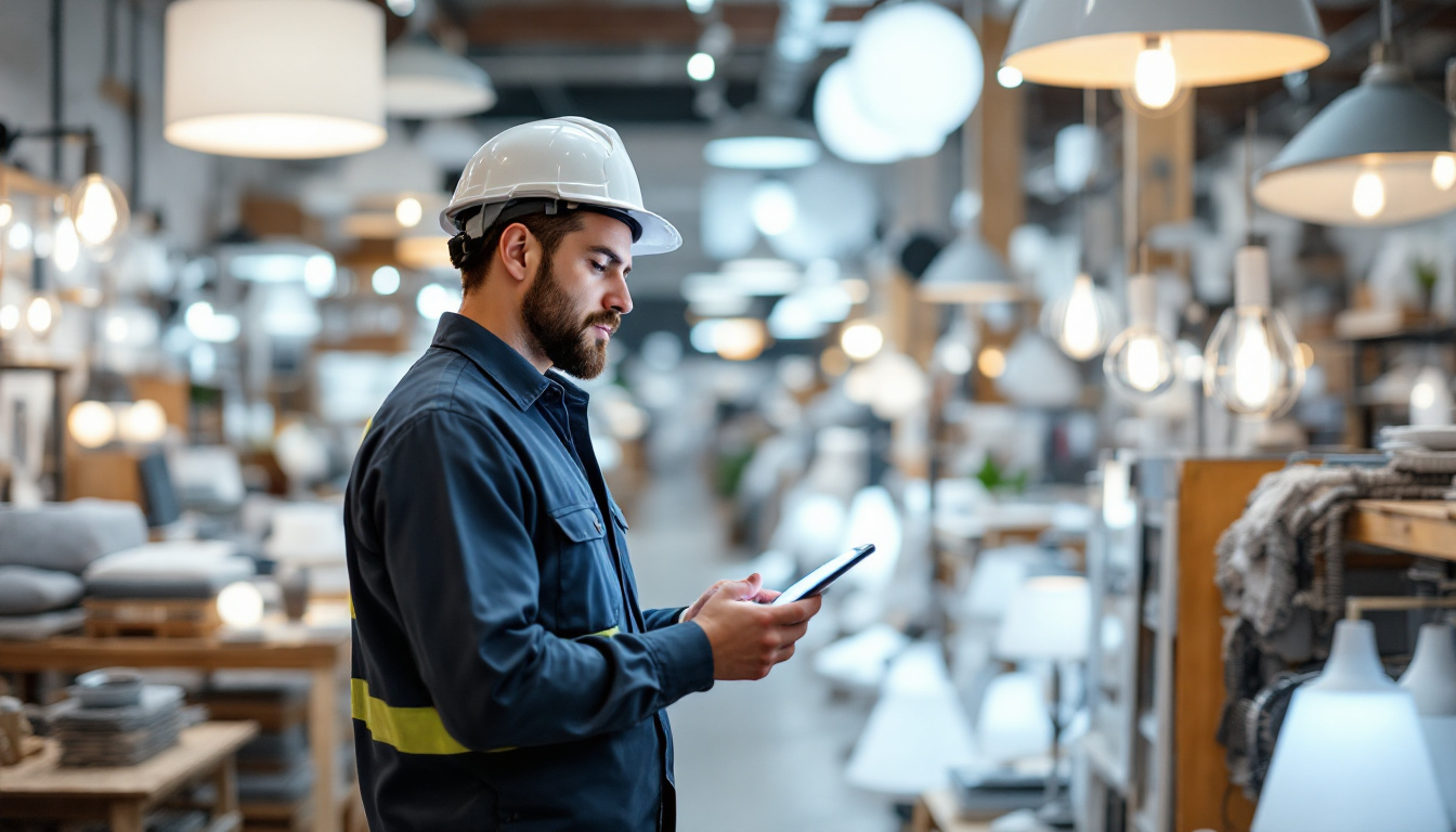 A photograph of a lighting contractor examining a variety of wholesale lighting fixtures in a well-organized showroom