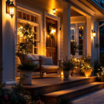 A photograph of a cozy porch illuminated by stylish solar lights at dusk