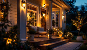 A photograph of a cozy porch illuminated by stylish solar lights at dusk