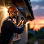 A photograph of a skilled lighting contractor installing dusk to dawn exterior lights on a residential property