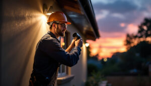 A photograph of a skilled lighting contractor installing dusk to dawn exterior lights on a residential property