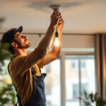 A photograph of a lighting contractor expertly installing affordable yet stylish light fixtures in a well-lit residential space