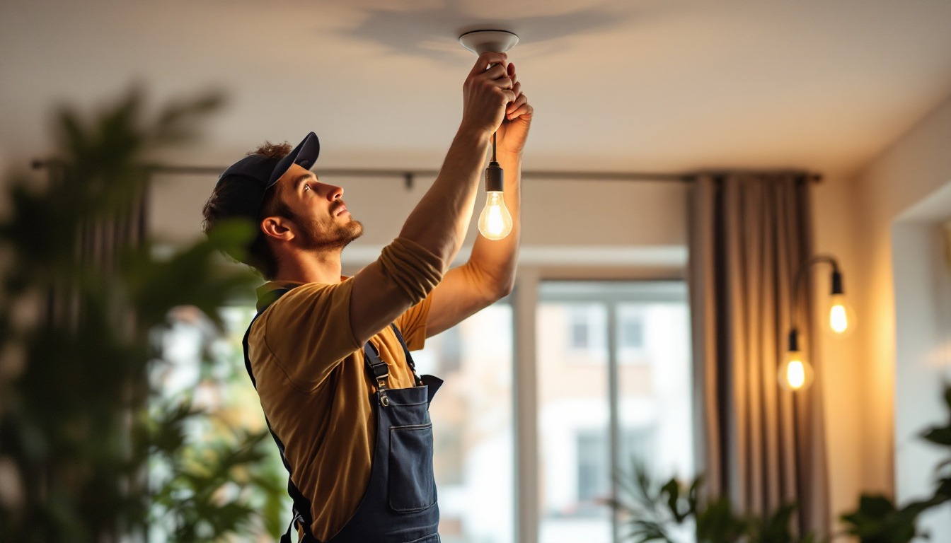 A photograph of a lighting contractor expertly installing affordable yet stylish light fixtures in a well-lit residential space