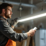 A photograph of a well-lit workspace showcasing a lighting contractor installing a 4 ft led light fixture