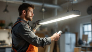 A photograph of a well-lit workspace showcasing a lighting contractor installing a 4 ft led light fixture