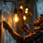 A photograph of a skilled lighting contractor expertly installing or adjusting a stylish gooseneck light fixture in a beautifully designed space