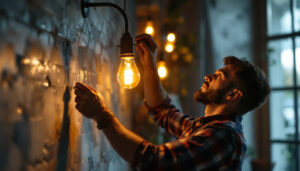 A photograph of a skilled lighting contractor expertly installing or adjusting a stylish gooseneck light fixture in a beautifully designed space