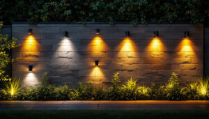 A photograph of a beautifully illuminated outdoor wall featuring various styles of led lights
