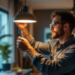 A photograph of a skilled lighting contractor expertly installing or adjusting a modern lighting fixture in a well-lit