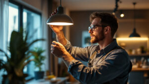 A photograph of a skilled lighting contractor expertly installing or adjusting a modern lighting fixture in a well-lit