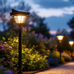 A photograph of a beautifully lit outdoor space featuring solar lights installed on posts