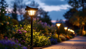 A photograph of a beautifully lit outdoor space featuring solar lights installed on posts