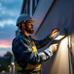 A photograph of a lighting contractor installing or inspecting a wall pack led light on a commercial building exterior