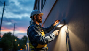 A photograph of a lighting contractor installing or inspecting a wall pack led light on a commercial building exterior