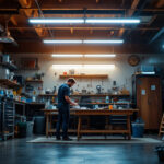 A photograph of a well-lit workshop or garage showcasing 8' led shop lights in use