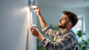 A photograph of a skilled lighting contractor installing led can lights in a modern home setting
