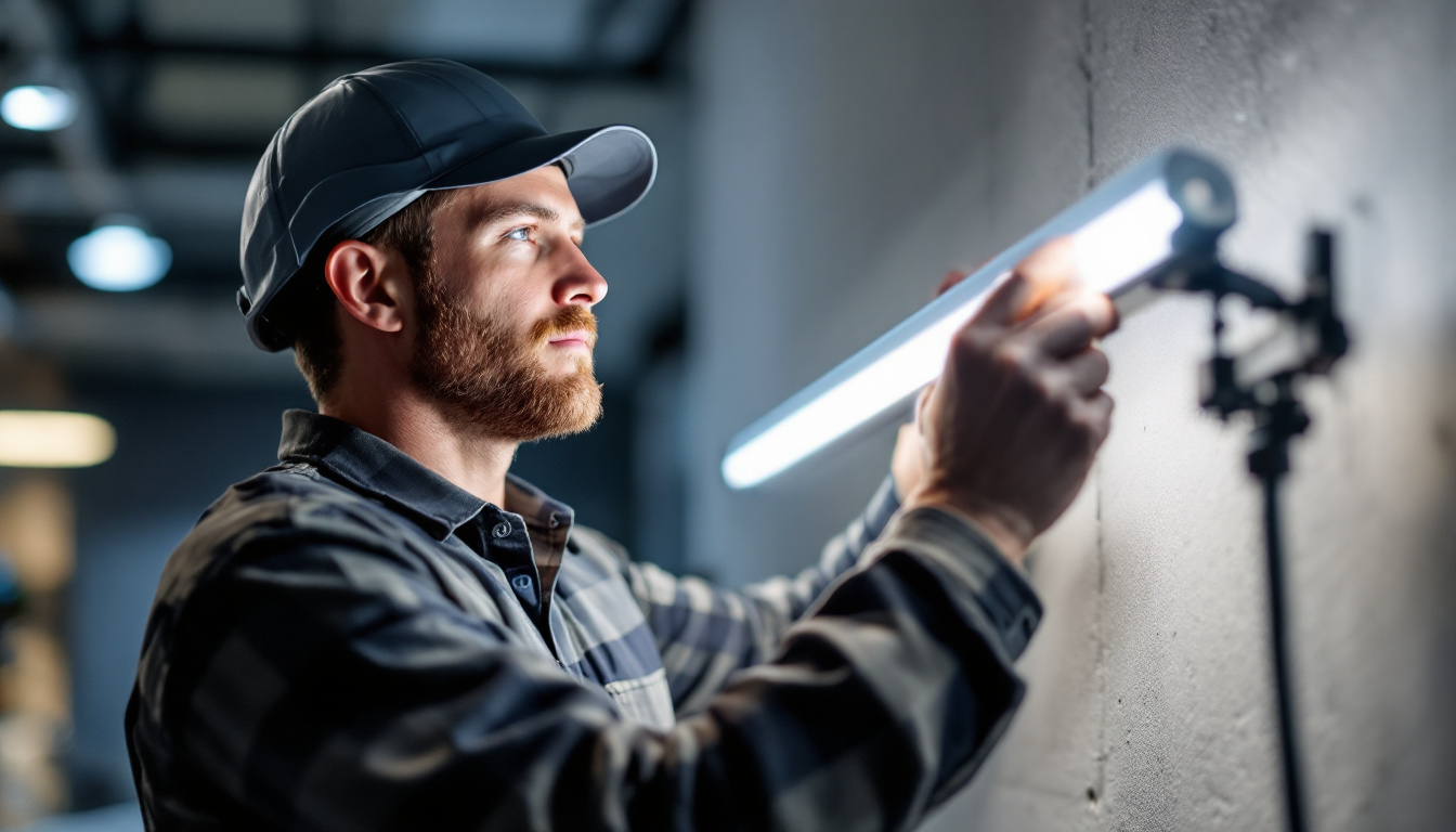 A photograph of a lighting contractor installing or adjusting a sleek