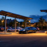 A photograph of capture a photograph of a well-lit solar-powered parking lot at dusk