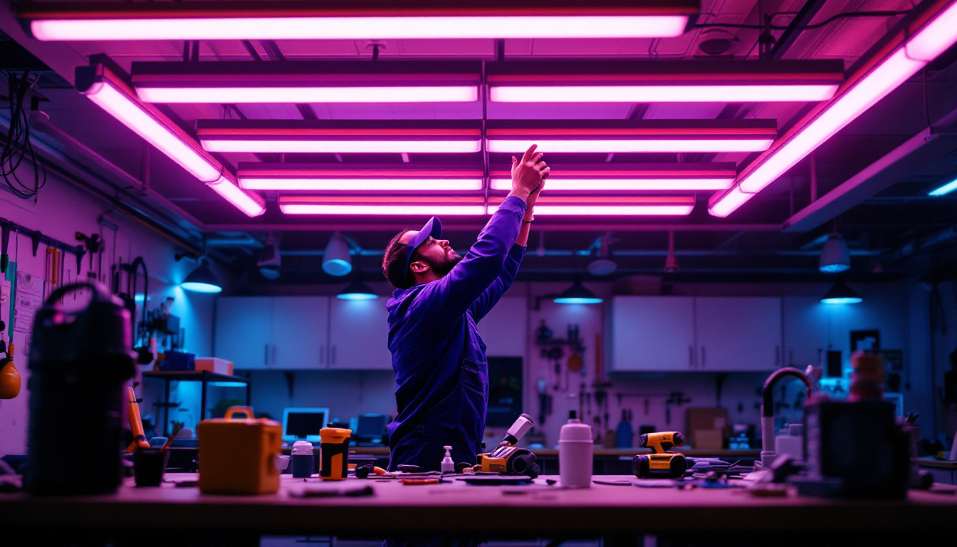 A photograph of a well-lit workspace featuring a lighting contractor installing or adjusting fluorescent fixtures
