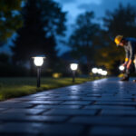 A photograph of a beautifully illuminated driveway at dusk