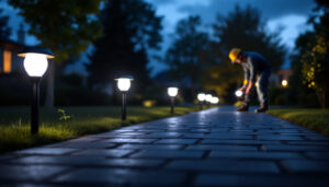 A photograph of a beautifully illuminated driveway at dusk