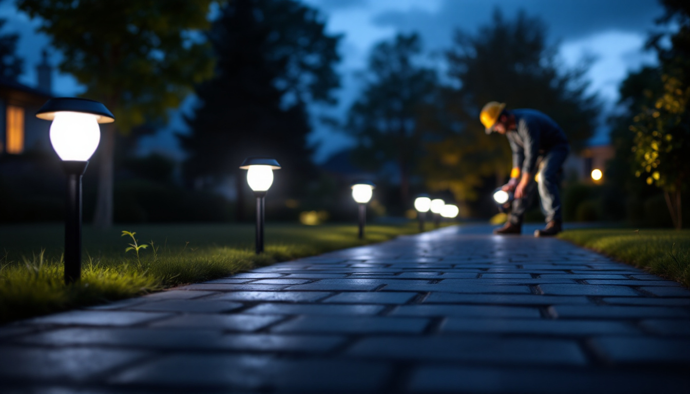 A photograph of a beautifully illuminated driveway at dusk