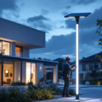 A photograph of a solar pole light illuminating a well-designed outdoor space