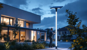 A photograph of a solar pole light illuminating a well-designed outdoor space