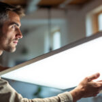 A photograph of a lighting contractor installing or showcasing a sleek