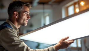 A photograph of a lighting contractor installing or showcasing a sleek