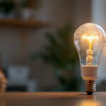 A photograph of a type t bulb illuminated in a cozy home setting