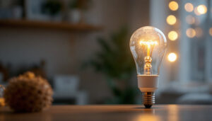 A photograph of a type t bulb illuminated in a cozy home setting