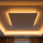 A photograph of a well-designed ceiling featuring led tape lights