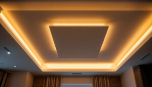 A photograph of a well-designed ceiling featuring led tape lights